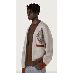 Honor‎ The Gift Cardigan Sweater Crest Logo Knit Brown Trim Oversized